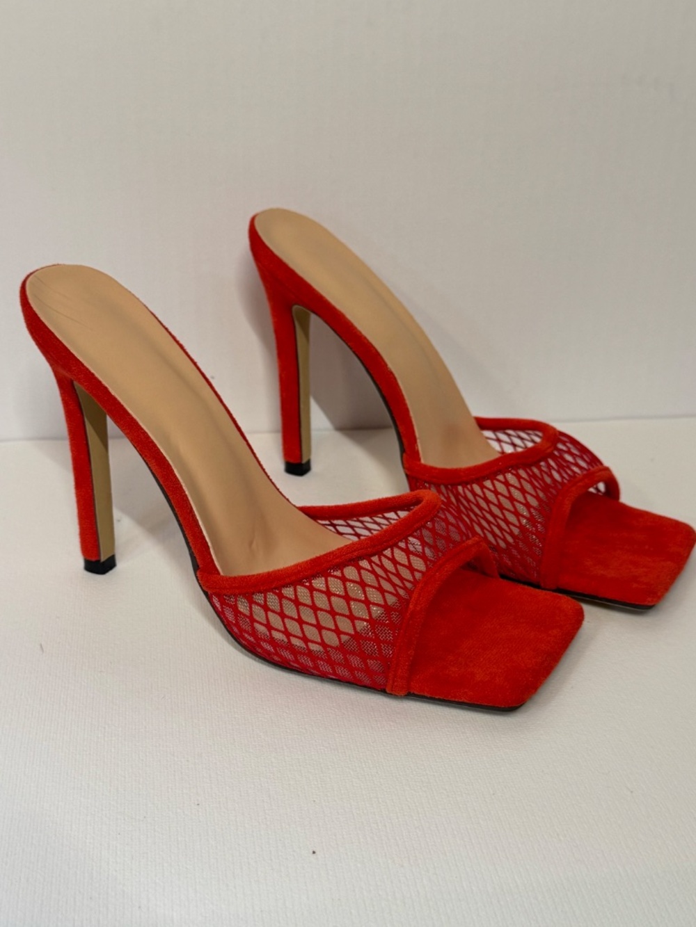 Red Mesh Mule Heels 7.5/8 Open Toe Stiletto Slide Sandals Statement Heels EU38 - Picture 2 of 11